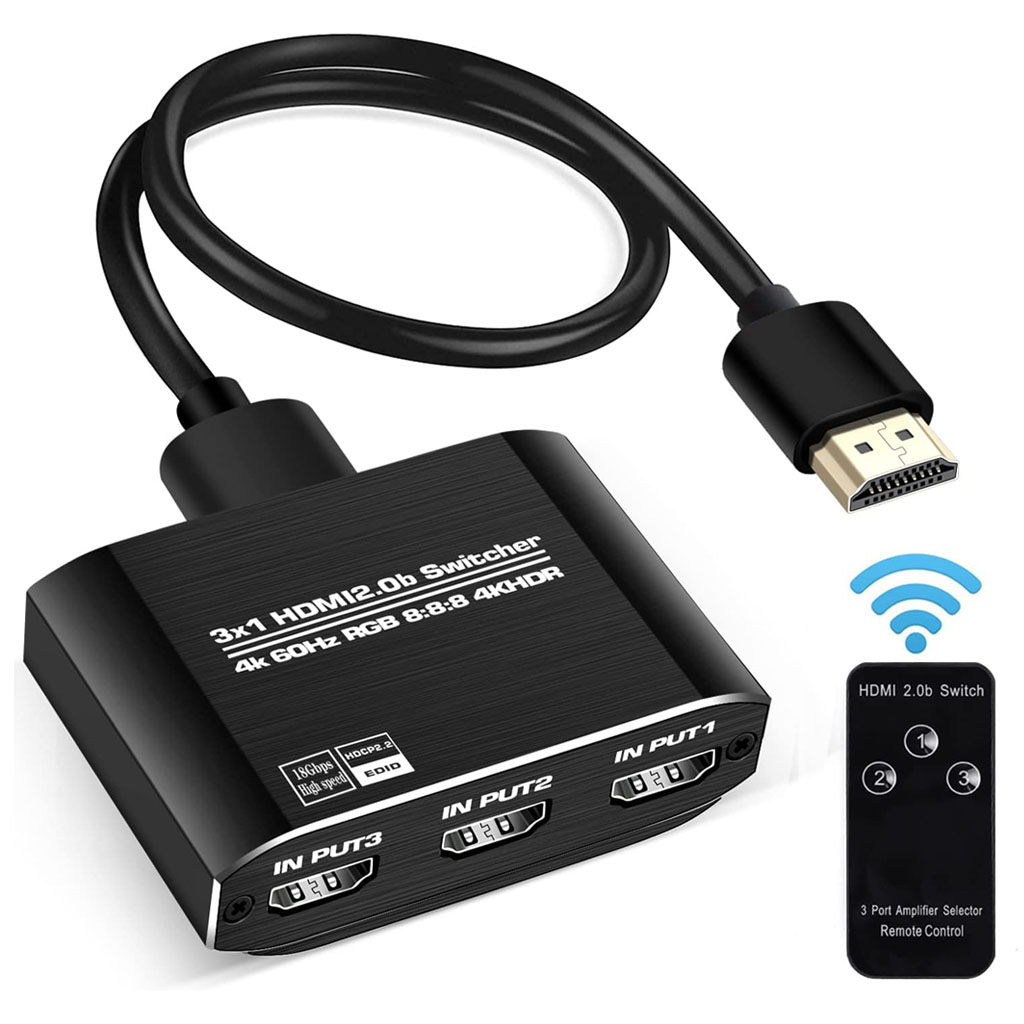 3x1 HDMI Selector Switch con Remoto, Compatible con UHD 4K@60Hz Ultra HD 3D 1080P, HDCP 2.2 HDR, 18.5Gbps HDMI Switcher viene con cable HDMI de alta velocidad (negro)