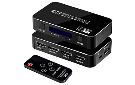 Switch 4 puertos Auto HDMI Switch Box con IR Remote, Soporte HDCP 2.2 4Kx2K 3D 1080P, 4 en 1 Salida HDMI