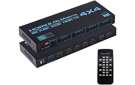 Conmutador HDMI Matrix 4x4, Matrix Switcher Splitter 4 en 4 Out Box con Extractor EDID y control remoto IR Soporte 4K HDR