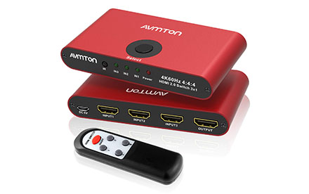 HDMI Switche Splitter 3 en 1 Salida, Aluminio Rojo HDMI Selector Box con mando a distancia soporta 4K@60Hz Ultra HD3D 2160P 1080P