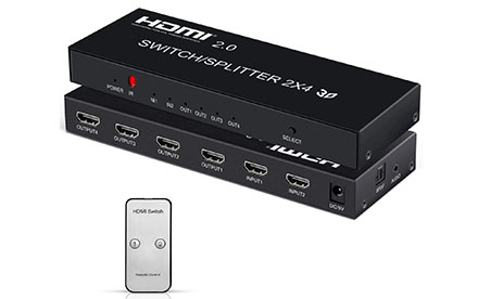 Divisor HDMI 2 en 4 salidas, 4 x 60 Hz 2 x 4 HDMI con audio SPDIF 0.138 in, compatible con HD 4K,3D,1080P, HDMI2.0, HDCP2.2