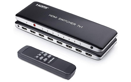 Switch Univivi 7 puertos HDMI, Soporte HDR y HDCP 2.2, Full HD/3D con control remoto inalámbrico IR y adaptador de corriente