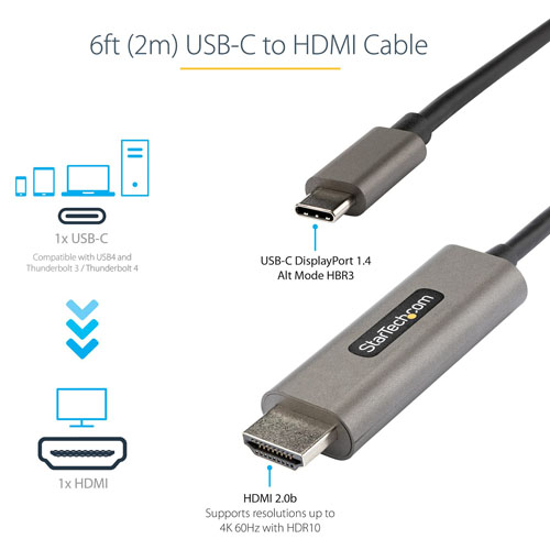  6ft (2m) USB C to HDMI Cable 4K 60Hz with HDR10, Ultra HD USB Type-C to 4K HDMI 2.0b Video Adapter Cable, USB-C to HDMI HDR Monitor/Display Converter, DP 1.4 Alt Mode HBR3 - Thunderbolt 3 Compatible (CDP2HDMM2MH) - Cable adaptador - Adaptadores - Startech - CDP2HDMM2MH