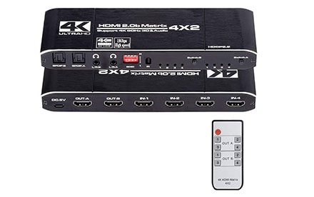 HDMI Matrix Switche Splitter 4 en 2 caja de salida con extractor EDID y soporte de control remoto IR 4K HDR, HDMI 2.0b, HDCP 2.2, 4K@60Hz, 3D, 1080P