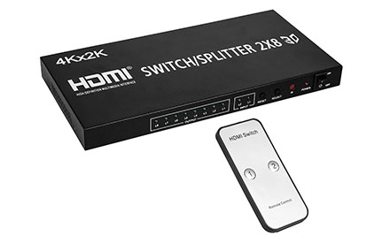 Interruptor 2 en 8 salidas, divisor 4Kx2K extensor Ultra HD 1080P 3D Audio Video Selector con IR remoto para HDTV, PC, Proyector, Sky, Box, PS4